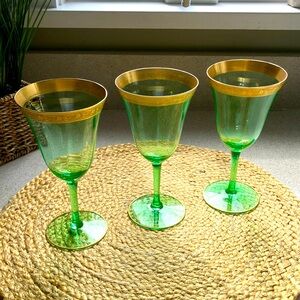 (3) Minton Green Uranium Stem Glasses w/ Gold Rim by Tiffin-Franciscan